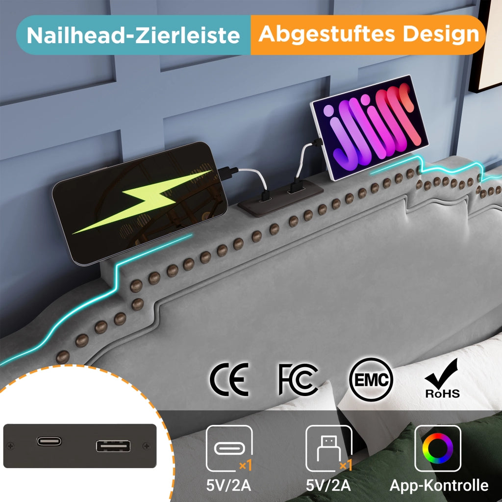 OKWISH Letto con Cassetti 140×200 cm, Letto Matrimoniale con 4 Cassetti, LED Regolabile e USB e Tipo C, senza Materasso, in Velluto, Grigio