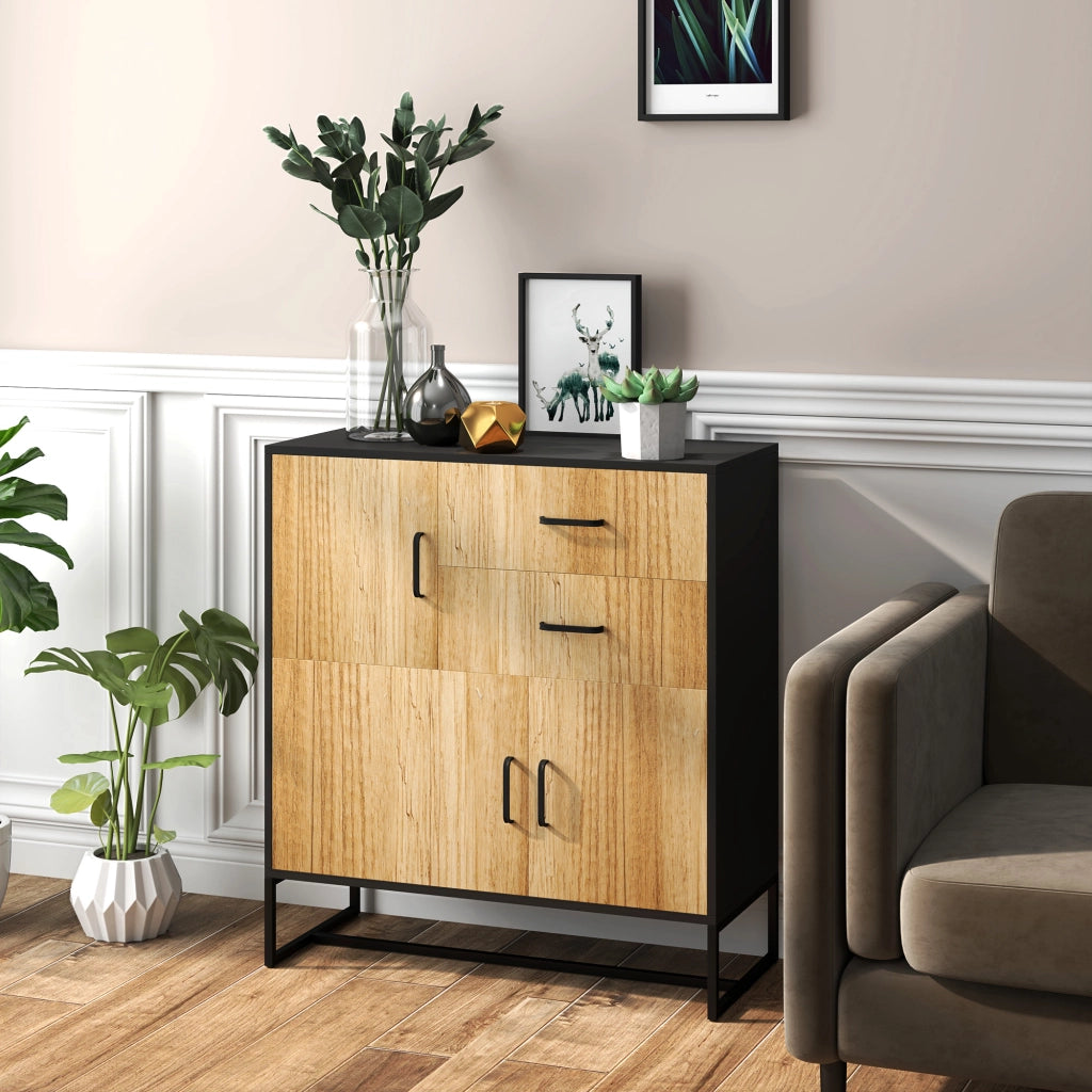 Mobile Credenza Portaoggetti ¨C Xylo ¨C Nero e Legno 80x35x85cm con 3 Ante e 2 Cassetti