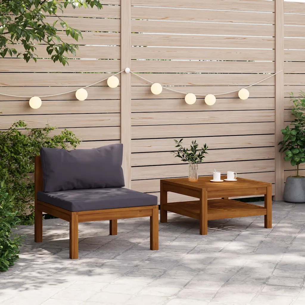 Set Divani da Giardino 2pz | Set Salotto da Giardino Cuscini Grigio Scuro Massello Acacia