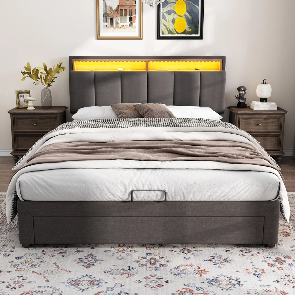 Letto adulto 140×200 cm con contenitore; LED; letto matrimoniale; senza materasso; in lino grigio