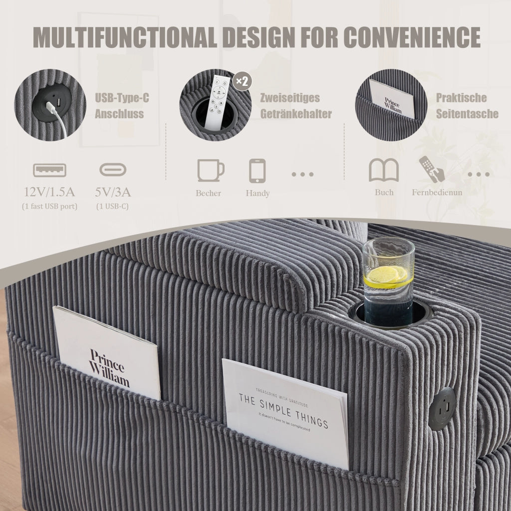 Divano convertibile 3 posti con contenitore, porte USB-C e letto estraibile in velluto a coste Grigio carbone