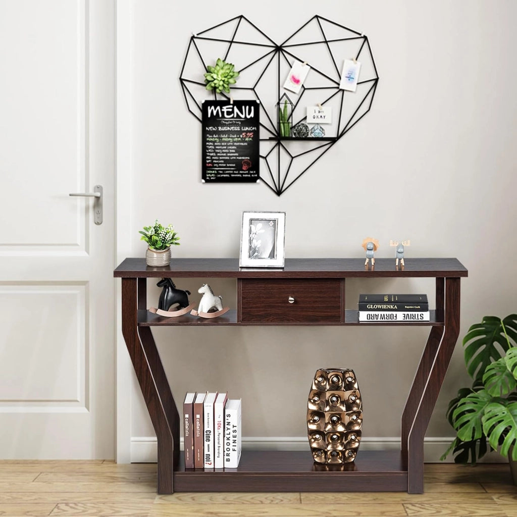 Tavolo Consolle in Legno, Consolle con Cassetto e Ripiani, Tavolo d'Ingresso Multiuso per Salotto, Corridoio e Entrata 120 x 30 x 81 cm (Marrone)