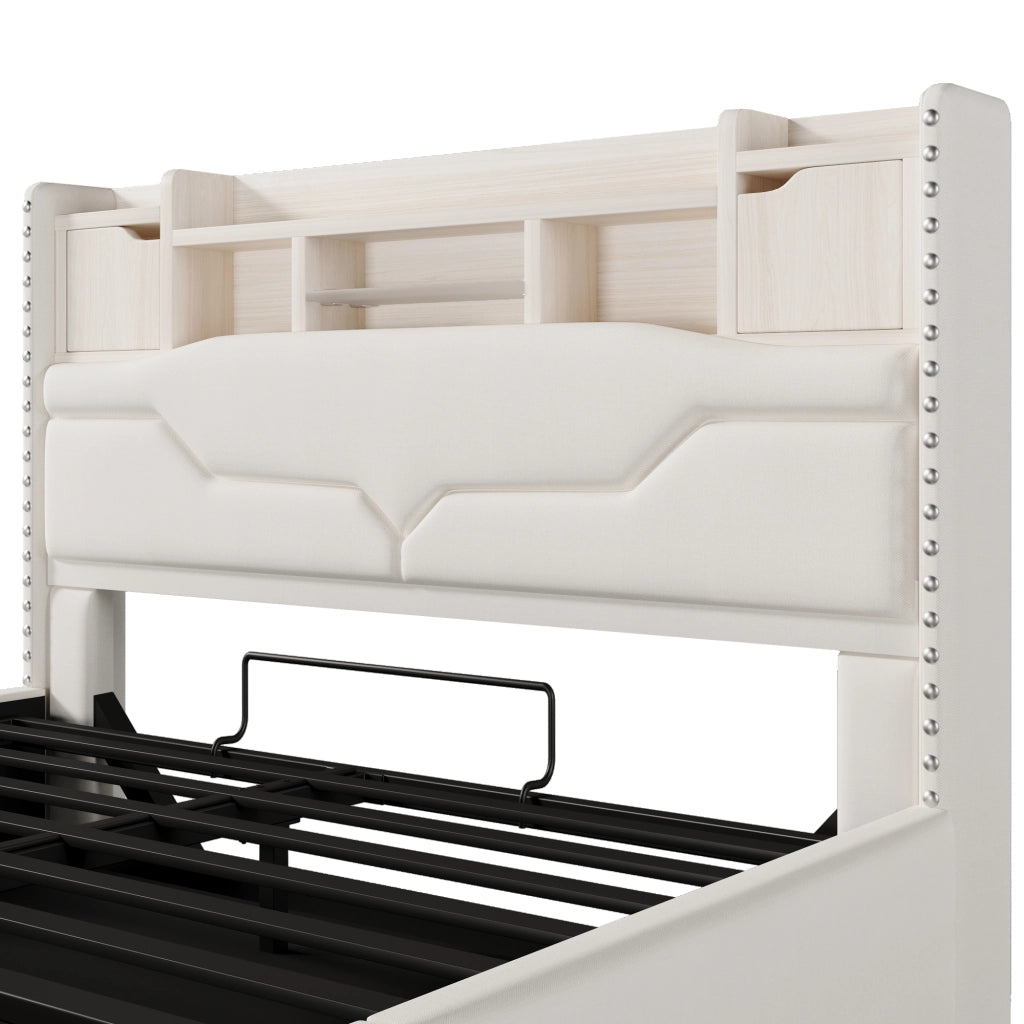 DESMIU Letto matrimoniale 160 × 200 cm con contenitore idraulico, LED, USB e Type-C, senza materasso, beige