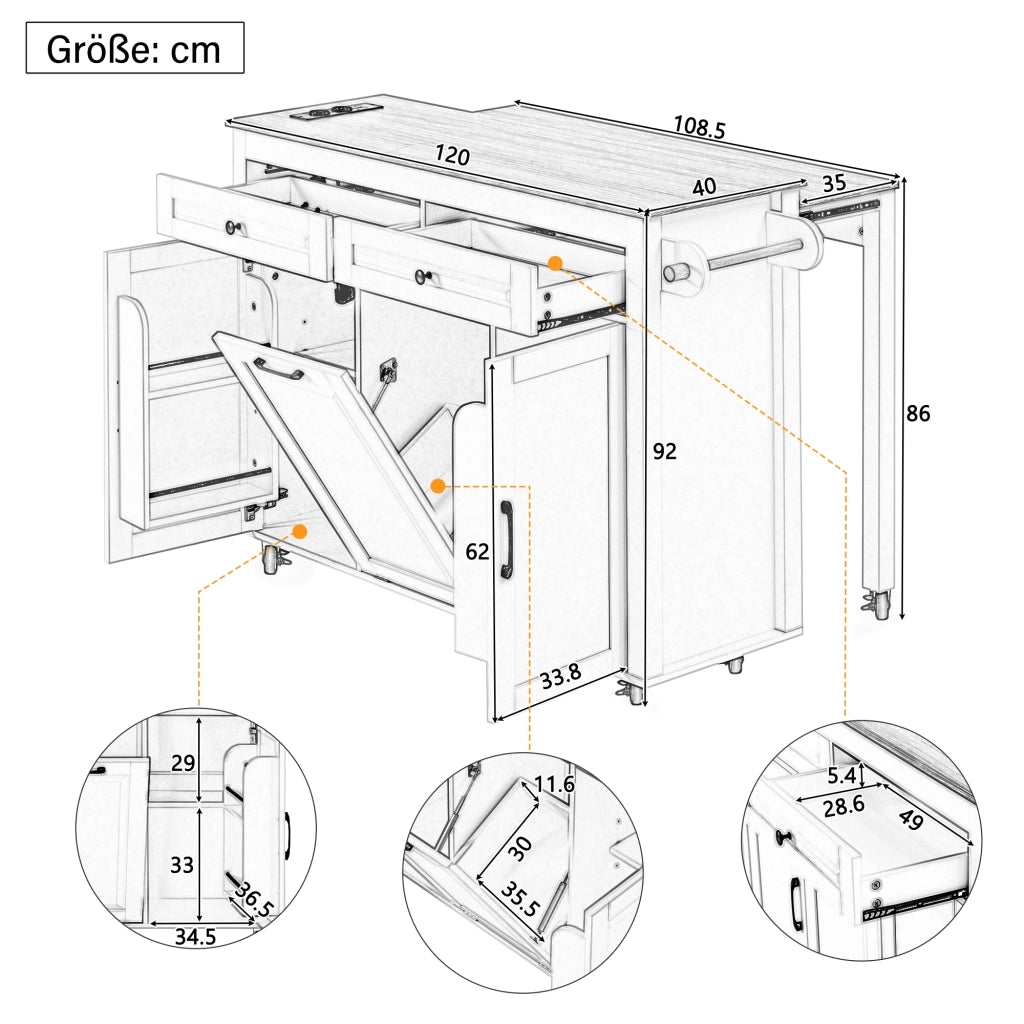 Desserte da cucina mobile con piano estraibile; vano aperto e scomparto per rifiuti per cucina; bianco; 120 × 40-75 × 92 cm