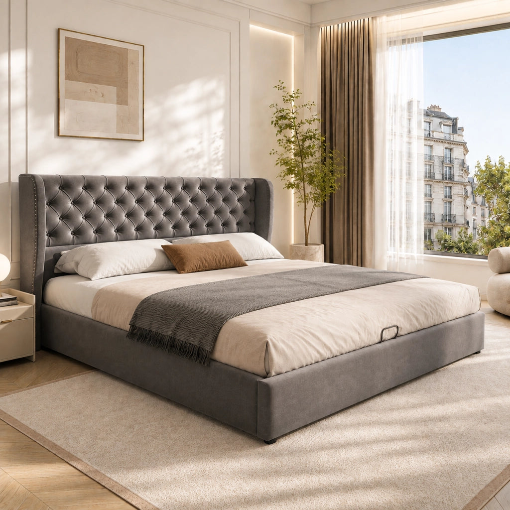 DESMIU Letto Contenitore Letto Matrimoniale con Vano Idraulico 180 × 200 cm, senza materasso, in Velluto, Grigio