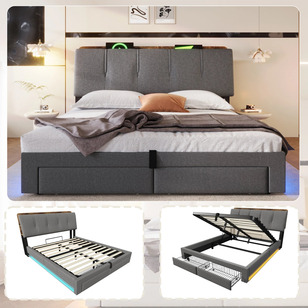 LETTO Contenitore 140x200 cm Grigio in lino con USB e Type-C