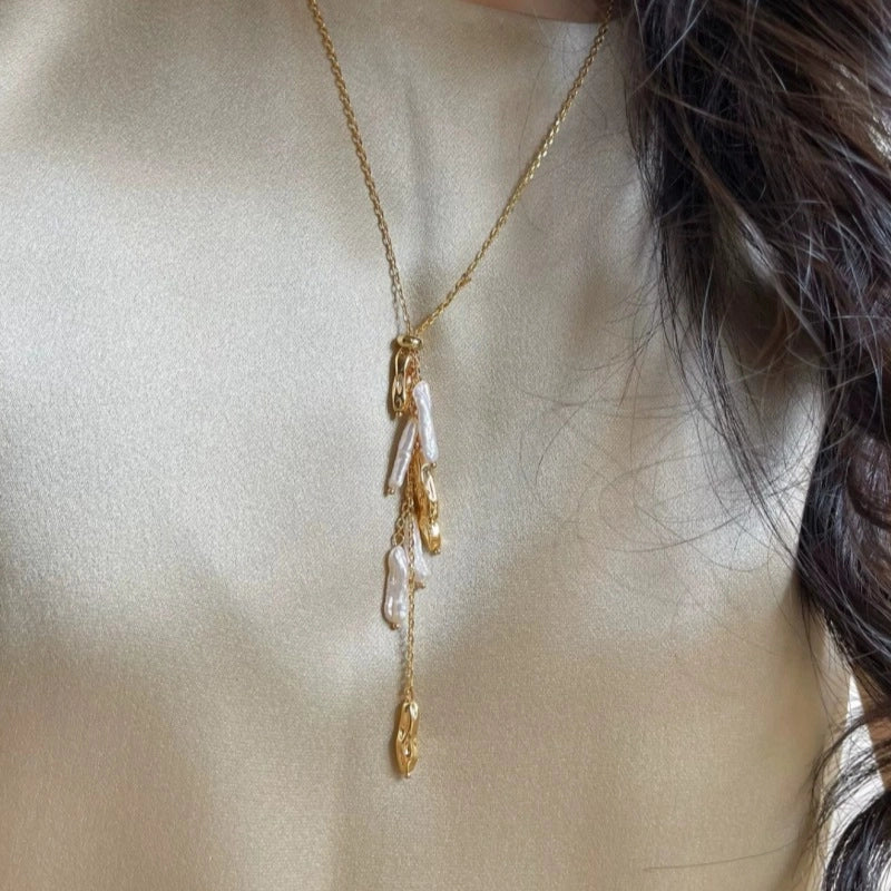 Collana di perle retr¨° a goccia irregolare, stile barocco, stile di nicchia, lunga catena a maglioni a strati