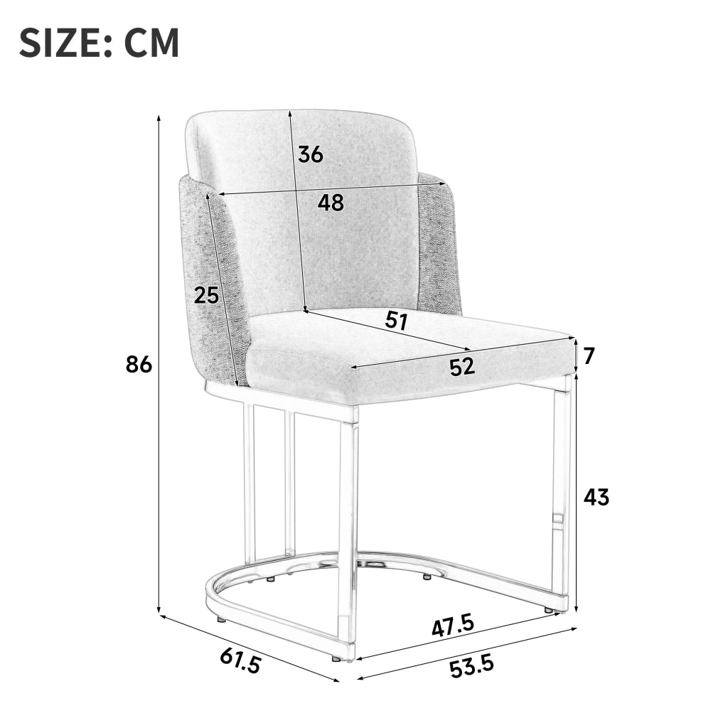 Sedia da Pranzo Set da 2 con Schienale Doppio e Gambe in Metallo Galvanizzato, in Ciniglia Grigio + Argento