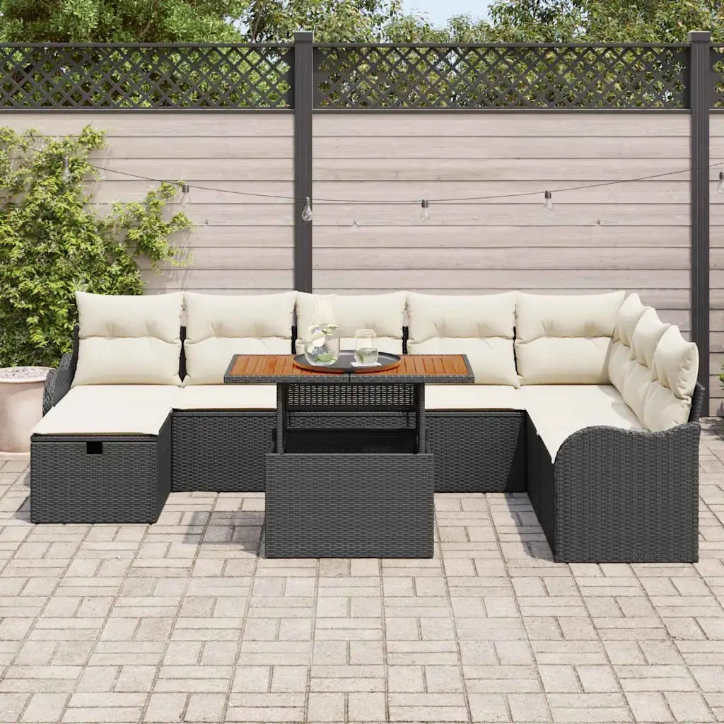 Set Divano da Giardino con cuscino 9 pcs Nero polyrattan
