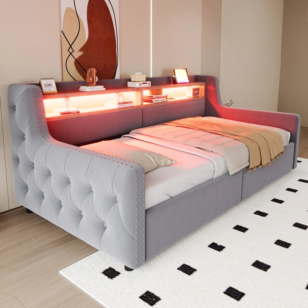 Letto singolo 90×200 cm con contenitore; LED; ripiano; USB e Type-C; senza materasso; velluto; grigio chiaro