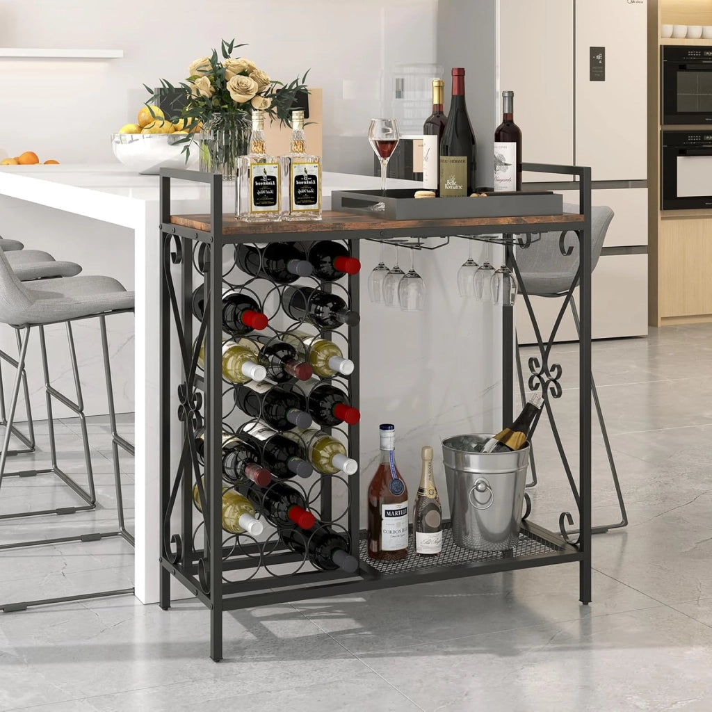 Portabottiglie da Terra per 21 Bottiglie, Portabottiglie da Vino con Supporto per Bicchieri, Piano in Legno e Mensola per Stoccaggio, Struttura Metallica，per Cucina e Bar (Marrone)