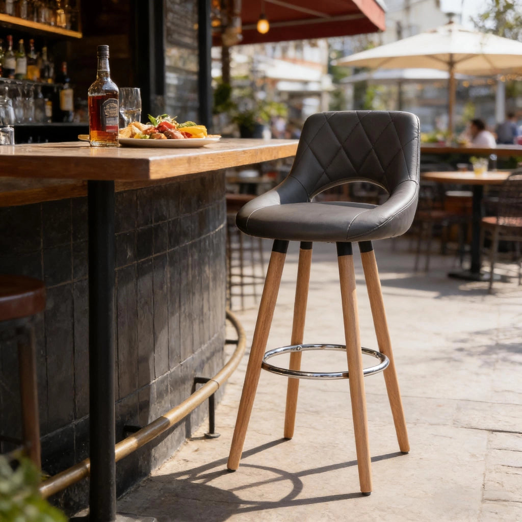Sgabello da bar con schienale ergonomico e seduta imbottita per cucina e locali in similpelle e legno grigio