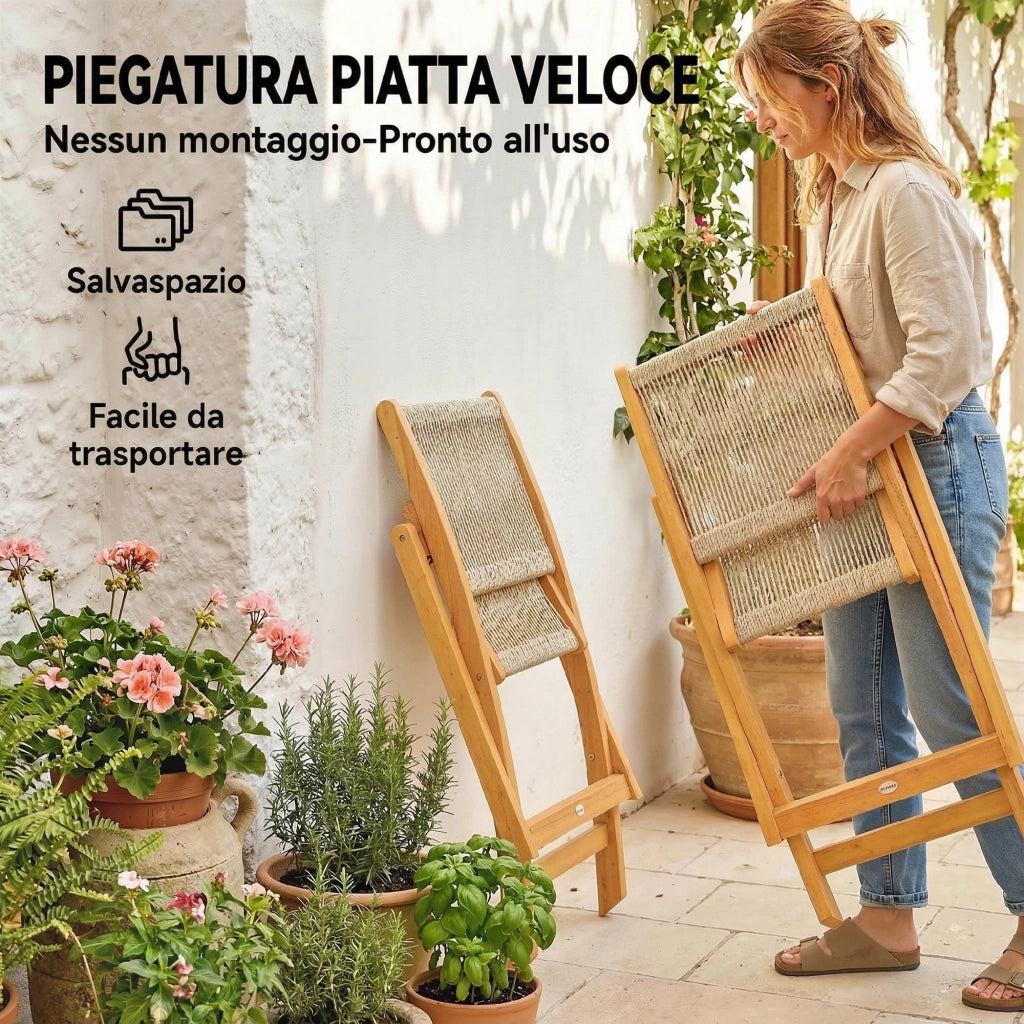 Set 2 Sedie Pieghevoli da Giardino ¨C Xylo ¨C Rattan PE e Legno Acacia Beige 160kg