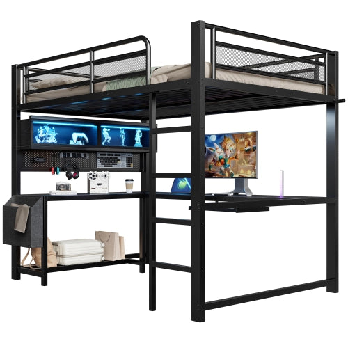 Letto a soppalco con scrivania 140x200 cm LEMONMAX, LED 7 colori, 2 prese e 2 USB, mensole, struttura in metallo, nero