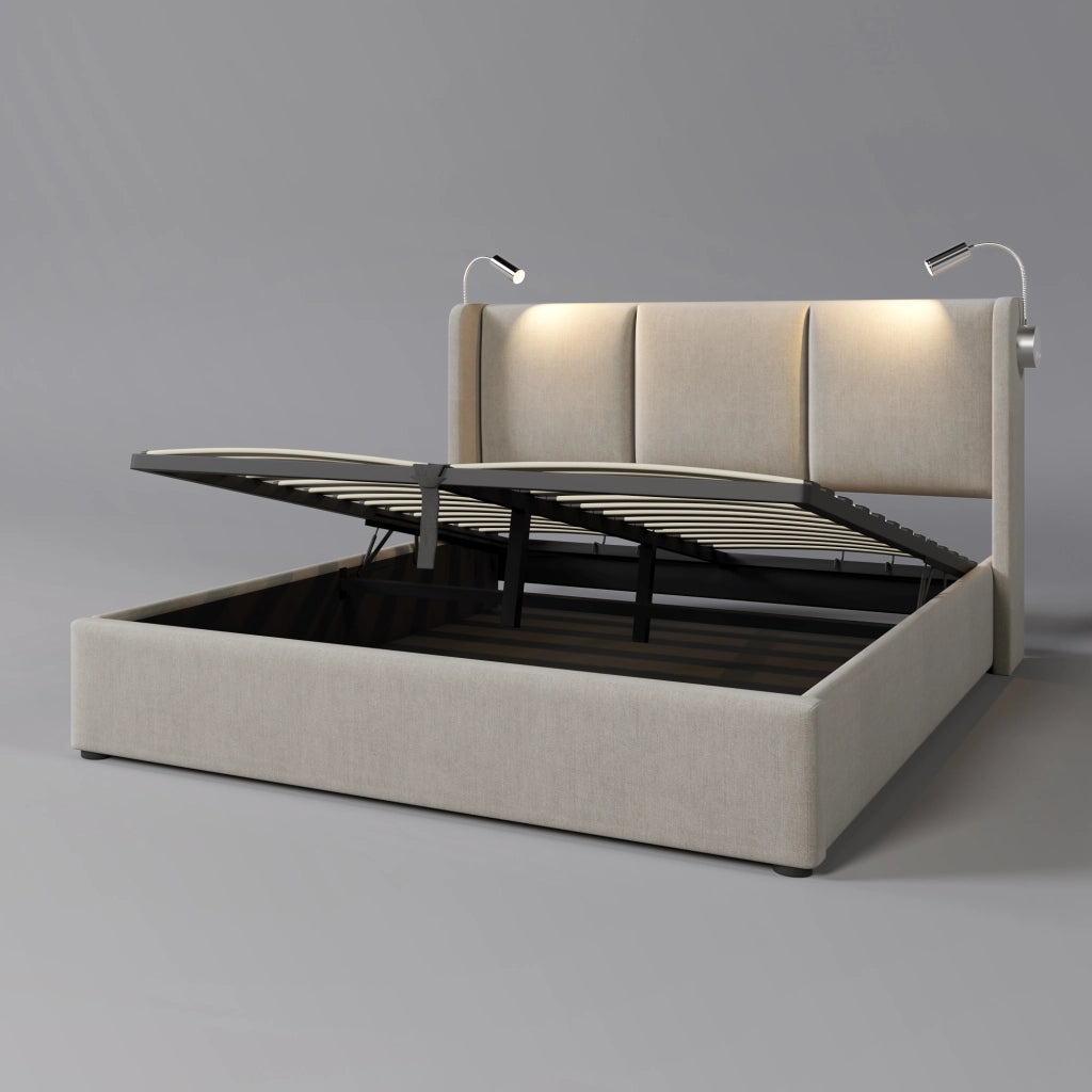 Letto matrimoniale 180 × 200 cm con luce da lettura, porte USB e contenitore idraulico, senza materasso, beige