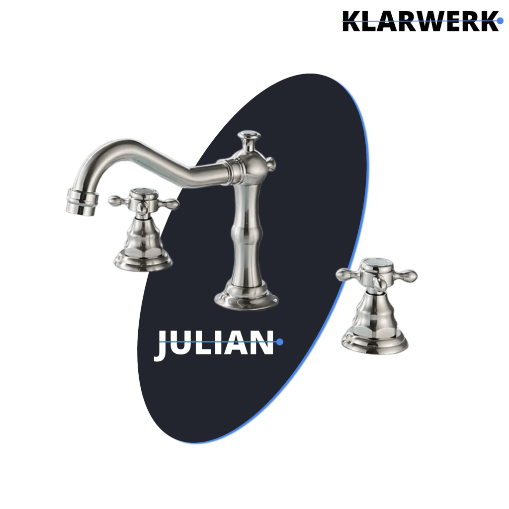 JULIAN | Rubinetto da bagno vintage a 3 fori argento spazzolato | Lavello in acciaio inossidabile retrò premium | Antico miscelatore 2 maniglie