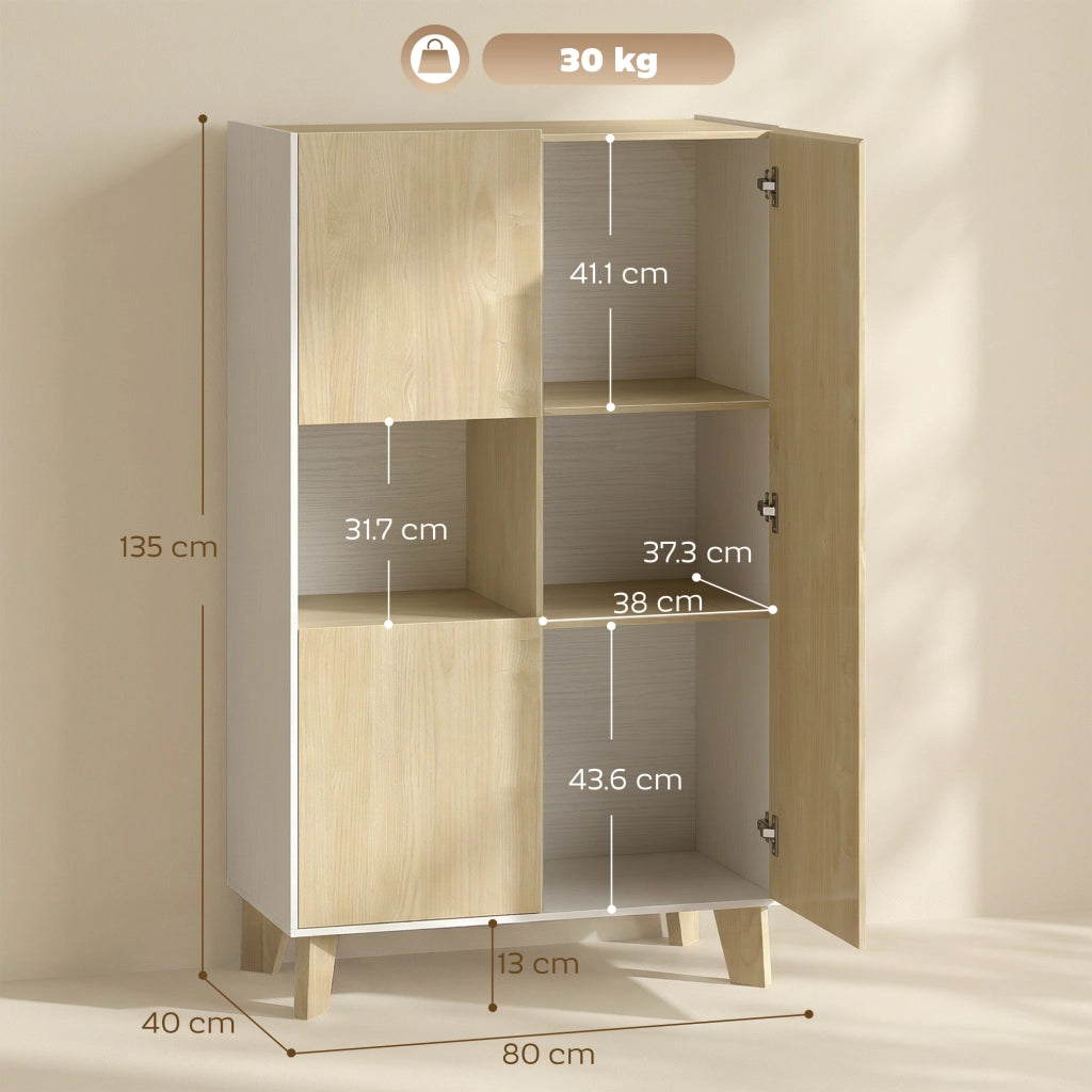 Credenza da Cucina 80x40x135 cm con 6 Scomparti Ante Soft Close in MDF Bianco e Legno