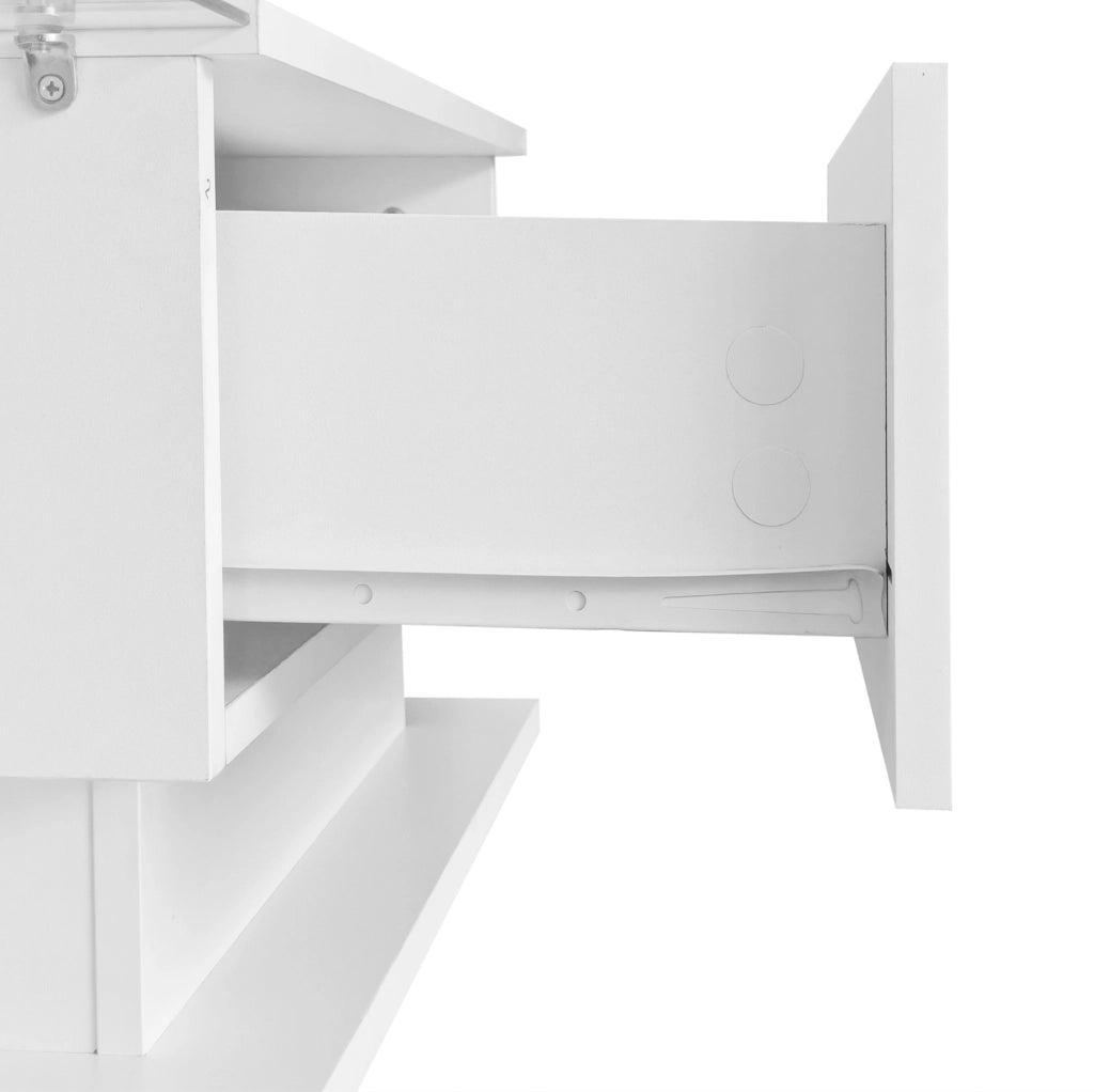 Tavolino da salotto moderno 100x50x32 cm bianco lucido con piano in vetro; cassetto e LED