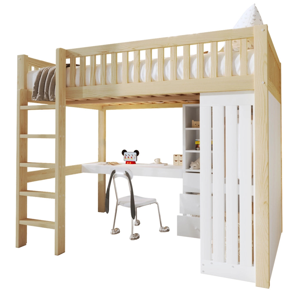 Letto a soppalco 140x200 cm con scrivania; guardaroba; 3 cassetti; in legno di pino e MDF; naturale