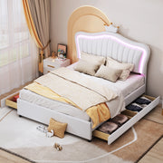 LETTO imbottito 140x200 cm bianco in PU con 4 cassetti e LED