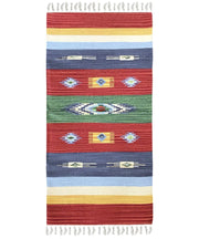 Tappeto KELIM 03 disegni etnici orientali colori vivaci cm.90x150 tessuto e frangia 100% cotone, lavabile in lavatrice