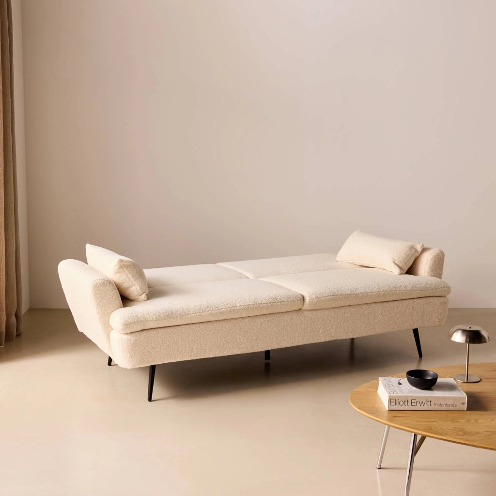 Divano letto in bouclé, 2–3 posti, crema