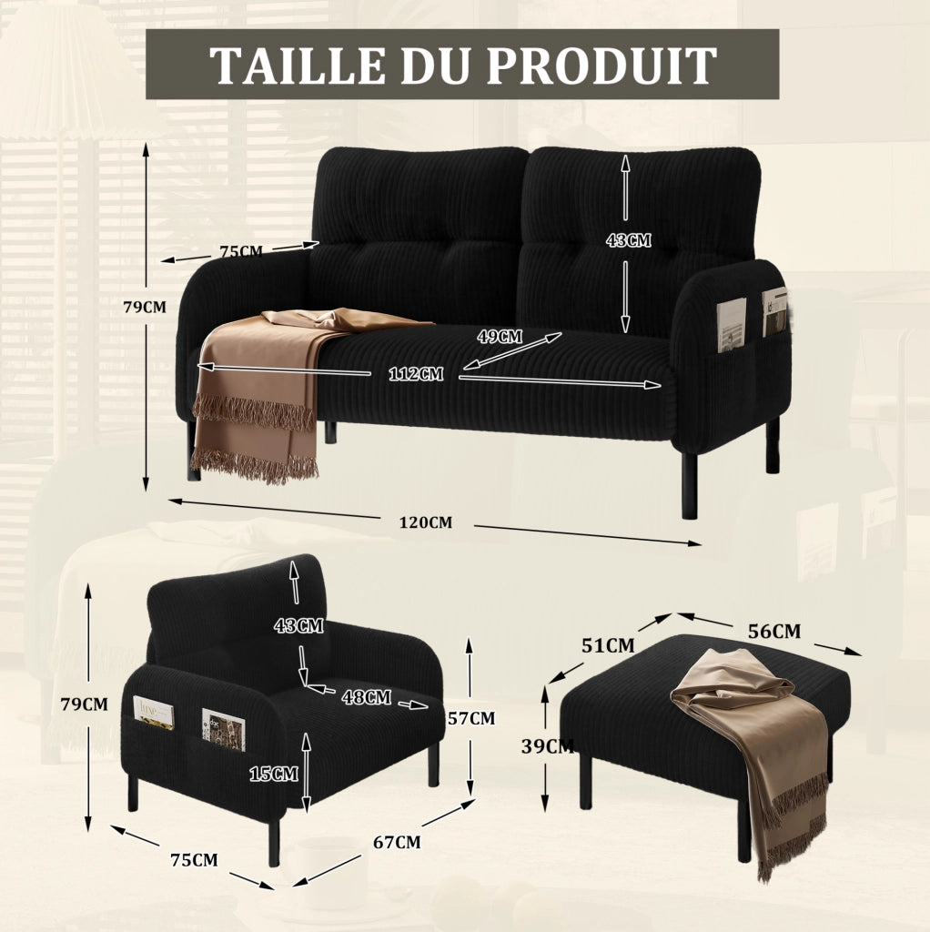 Set divano 3 pezzi con tasca laterale in corduroy nero