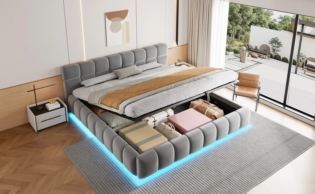 Letto contenitore imbottito 180x200 cm in velluto grigio con LED