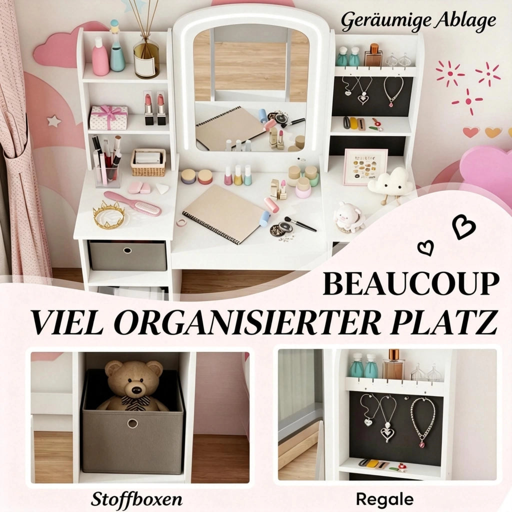 Set da parrucchiere per bambini con sgabello e specchio a LED, tavolo da trucco per bambini dai 3 agli 8 anni.