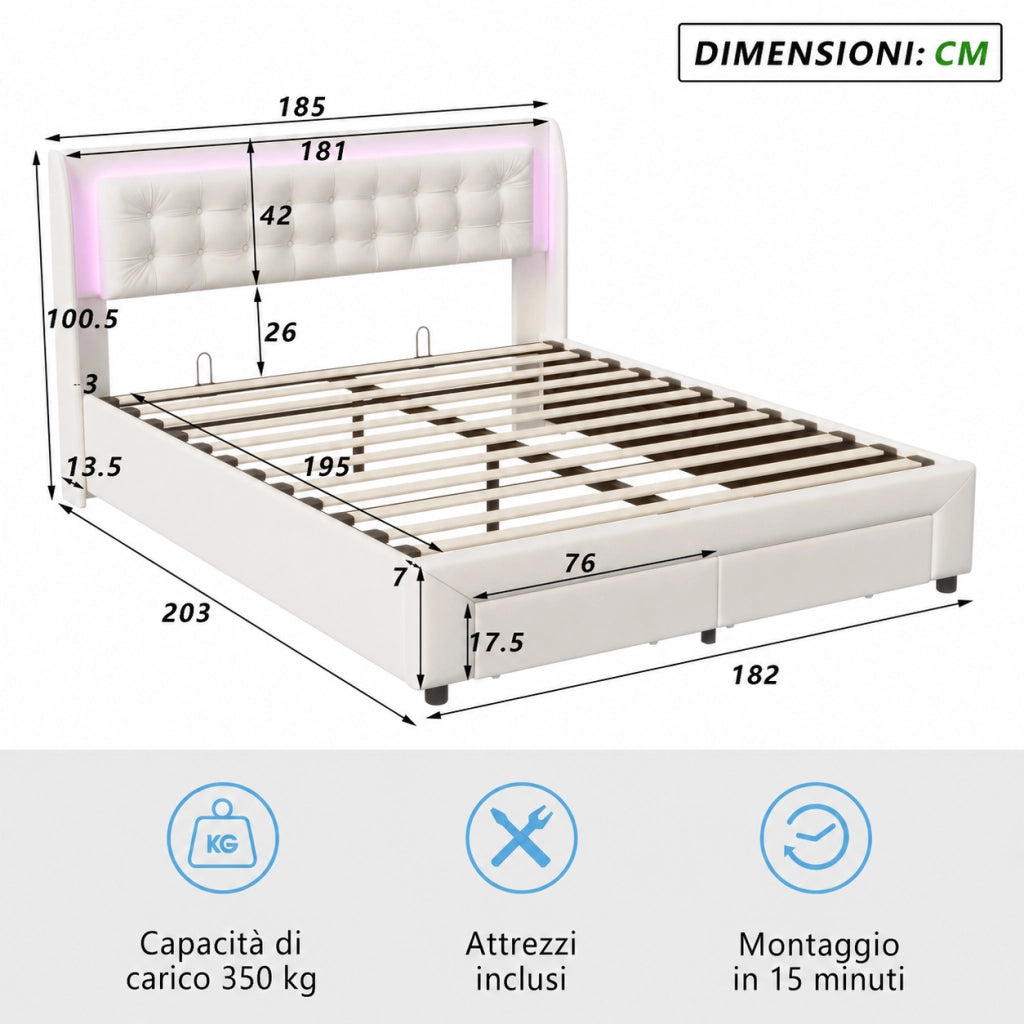 Letto matrimoniale contenitore idraulico 180x200 cm, imbottito velluto beige, testiera LED RGB telecomandata, 2 cassetti, 350kg