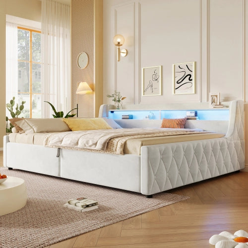Letto imbottito con contenitore idraulico 140x200 cm LEMONMAX, LED multicolore, salvaspazio per cameretta e ospiti, MDF e tessuto, beige