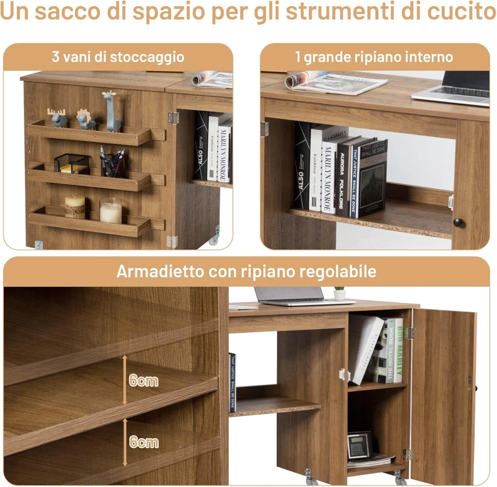 Tavolo Pieghevole da Cucito, Tavolo Versatile a Ribalta con Superficie Ampia, Scrivania per Computer con Ruote Bloccabili, Ideale per Salone Camera da Letto Studio (Naturale)