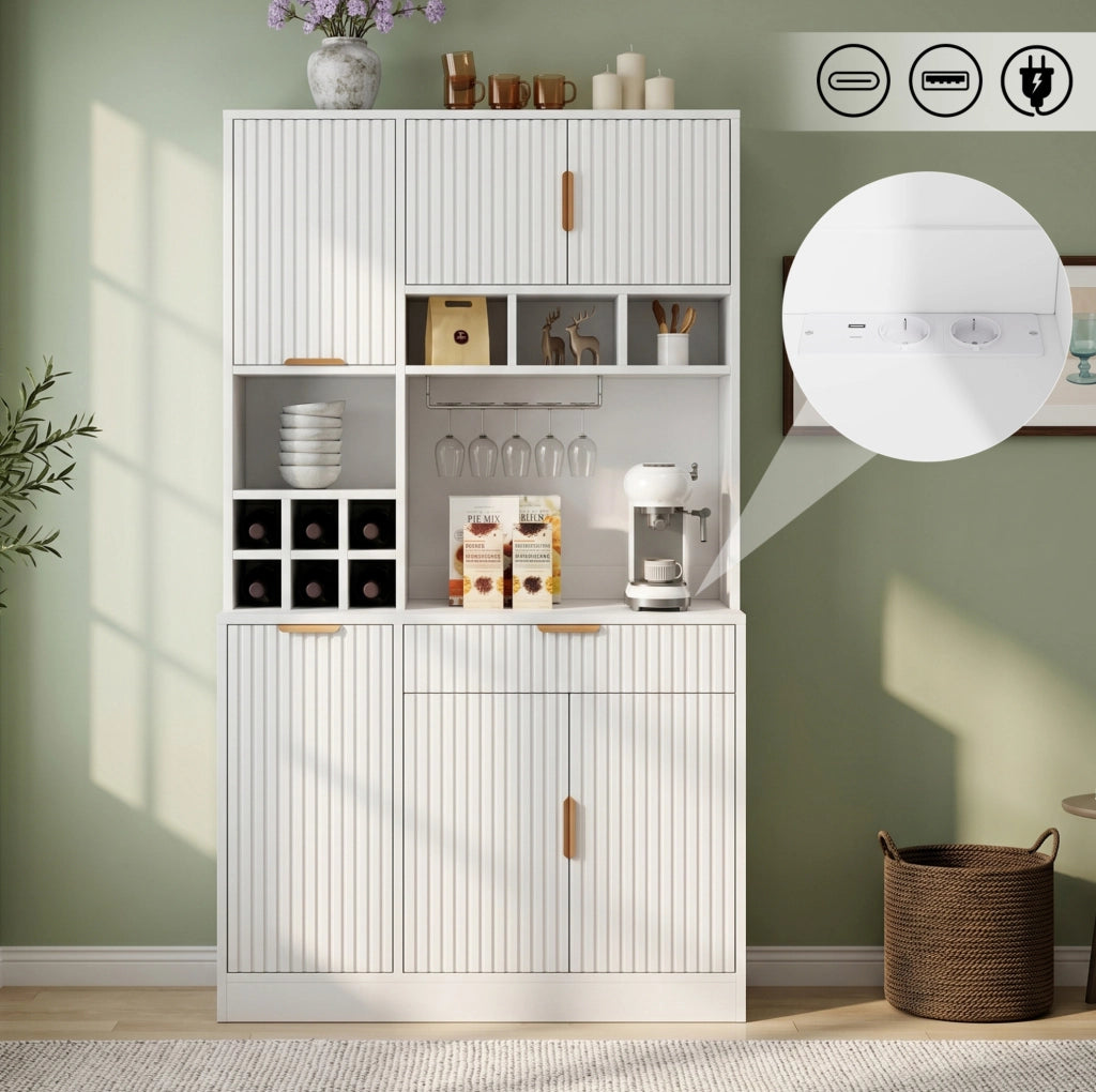 Credenza alta da cucina con ripiani regolabili e porta bottiglie 100x40x175 cm; bianco
