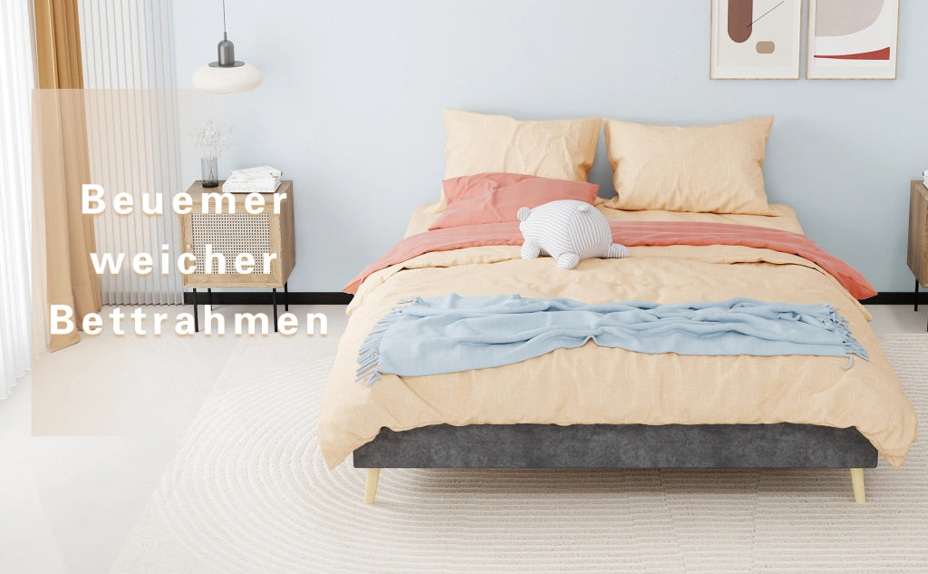 DESMIU Letto matrimoniale 160 × 200 cm 2 posti in velluto olandese, con spazio di stoccaggio, senza materasso, grigio