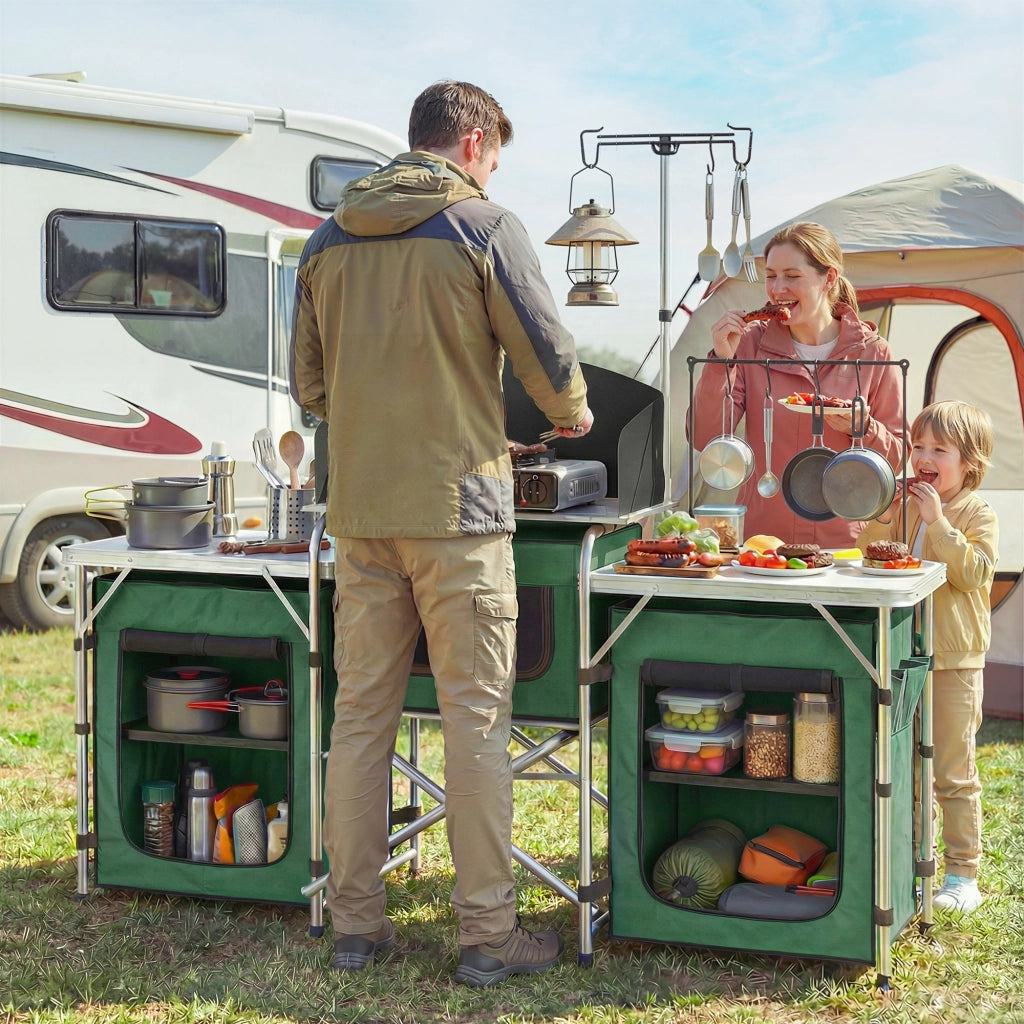 Mobile Cucina Pieghevole da Campeggio ¨C Xylo ¨C 3 Tavoli 4 Ganci Verde 172x48x130cm