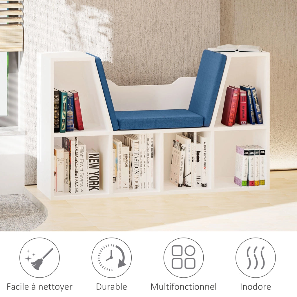 Libreria panca 2 in 1 con cuscini seduta ¨C Xylo ¨C 6 scomparti aperti legno blu 102x30x61cm