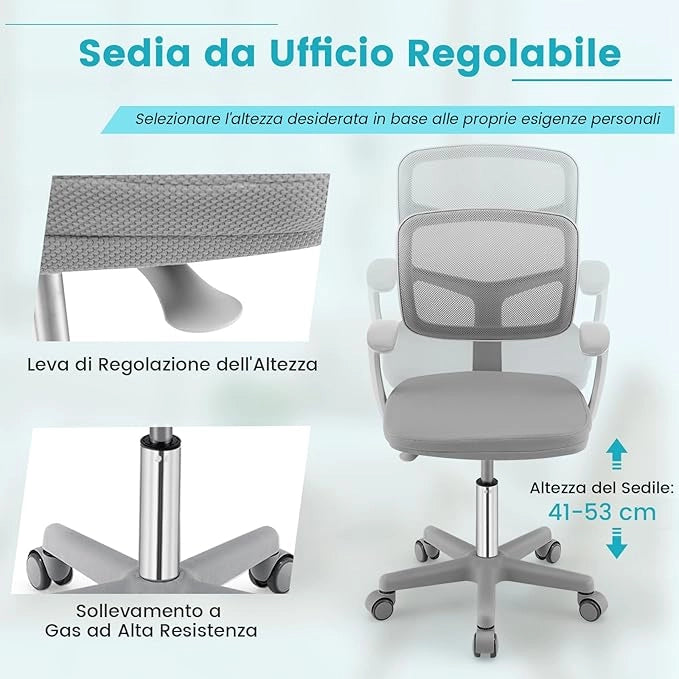 Sedia per Scrivania per Bambini, Sedia per Computer con Altezza Regolabile, Ruote con Freni, Sedile Girevole a Rete, Mobile Ergonomica per Bambini 3-10 Anni (Grigio)