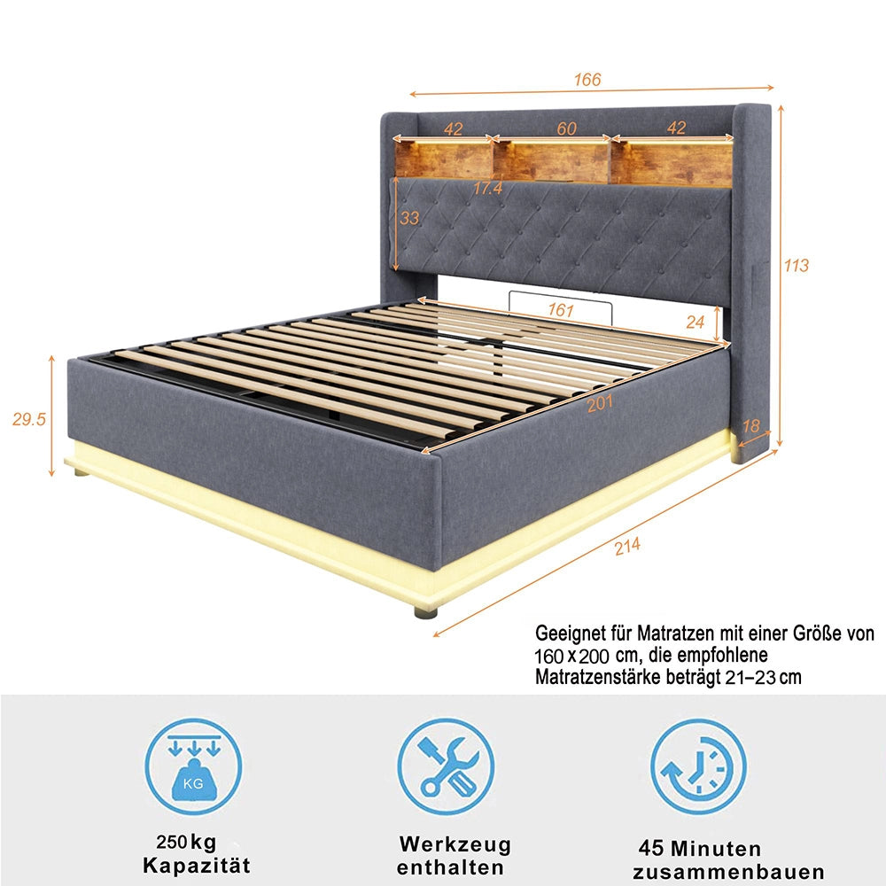Letto matrimoniale-Xylo-160x200 cm-LED, USB, idraulico, lino, grigio