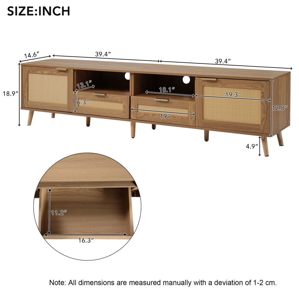 Mobile TV in truciolare effetto rovere con dettagli in rattan sintetico, 200x37x49 cm, 2 ante, 2 cassetti, gambe regolabili, montaggio facile