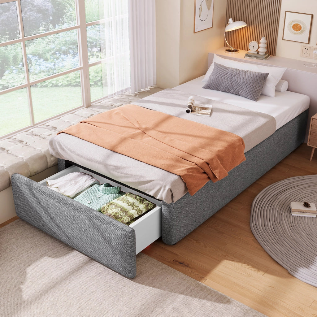DESMIU Letto imbottito 90 × 200 cm 1 posto con 1 cassetto, contenitore idraulico, senza materasso, tessuto grigio