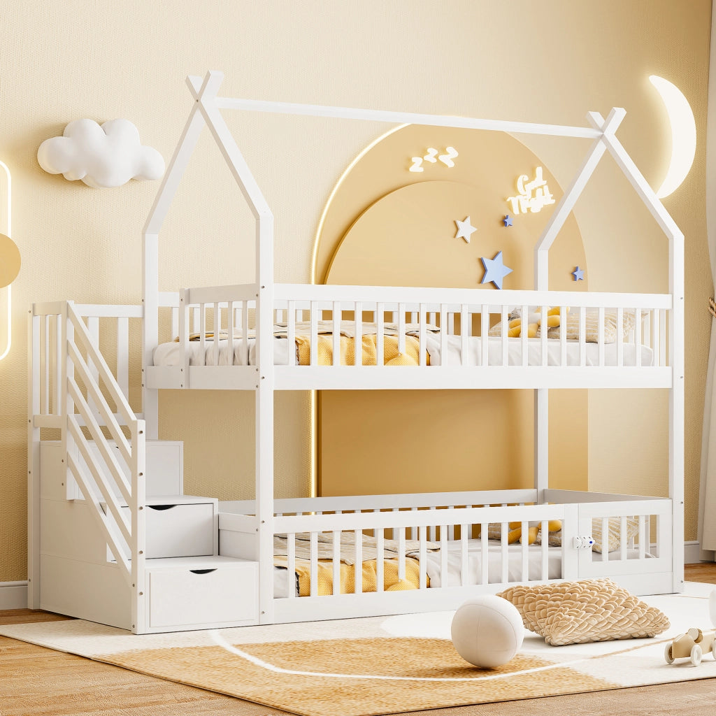 Letto a castello per bambini 90×200 cm con tetto; scala e cassetti contenitori; senza materasso; in legno massiccio bianco