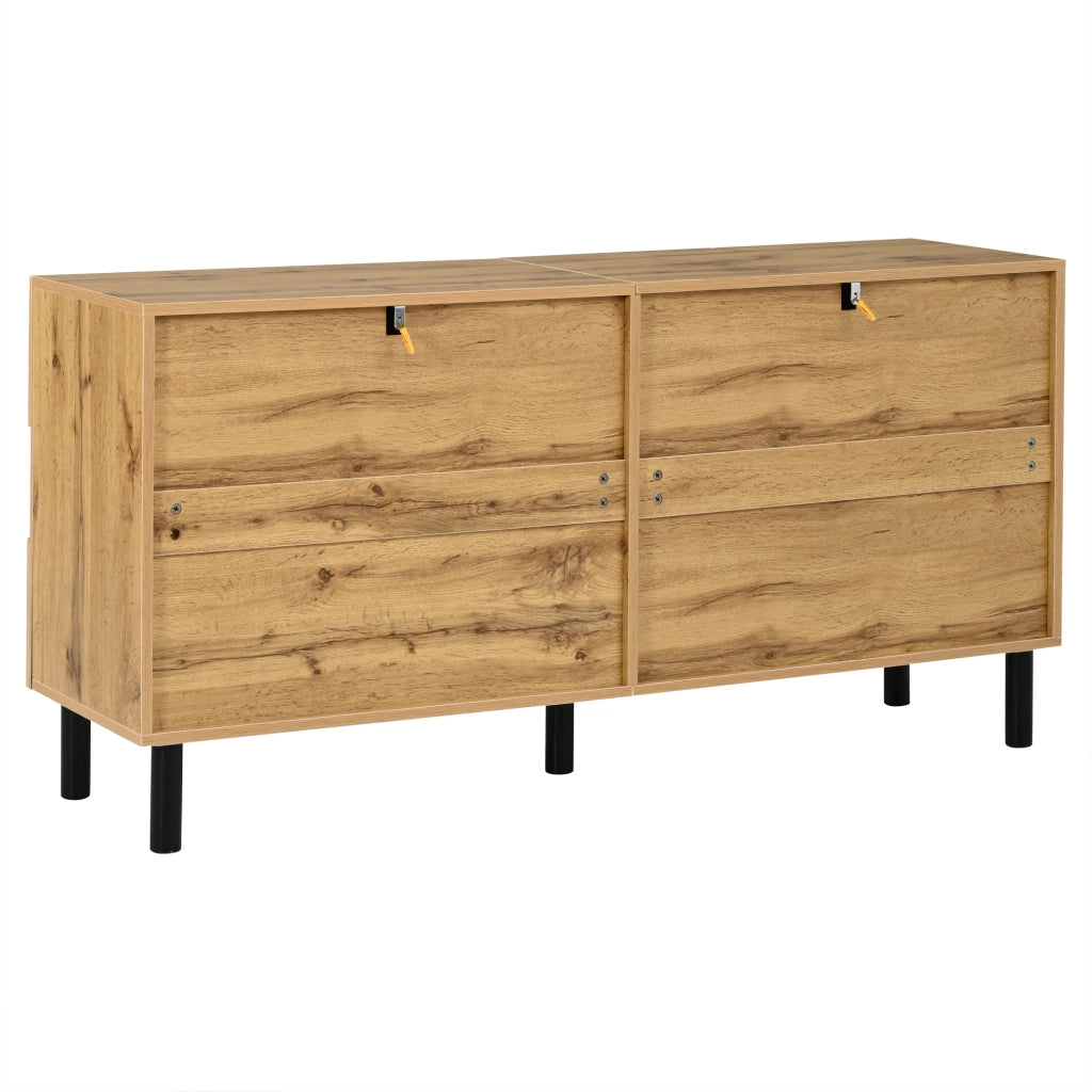 Credenza, mobile da ingresso, motivo a rombi, in truciolato e MDF, ripiani regolabili, colore legno naturale e nero