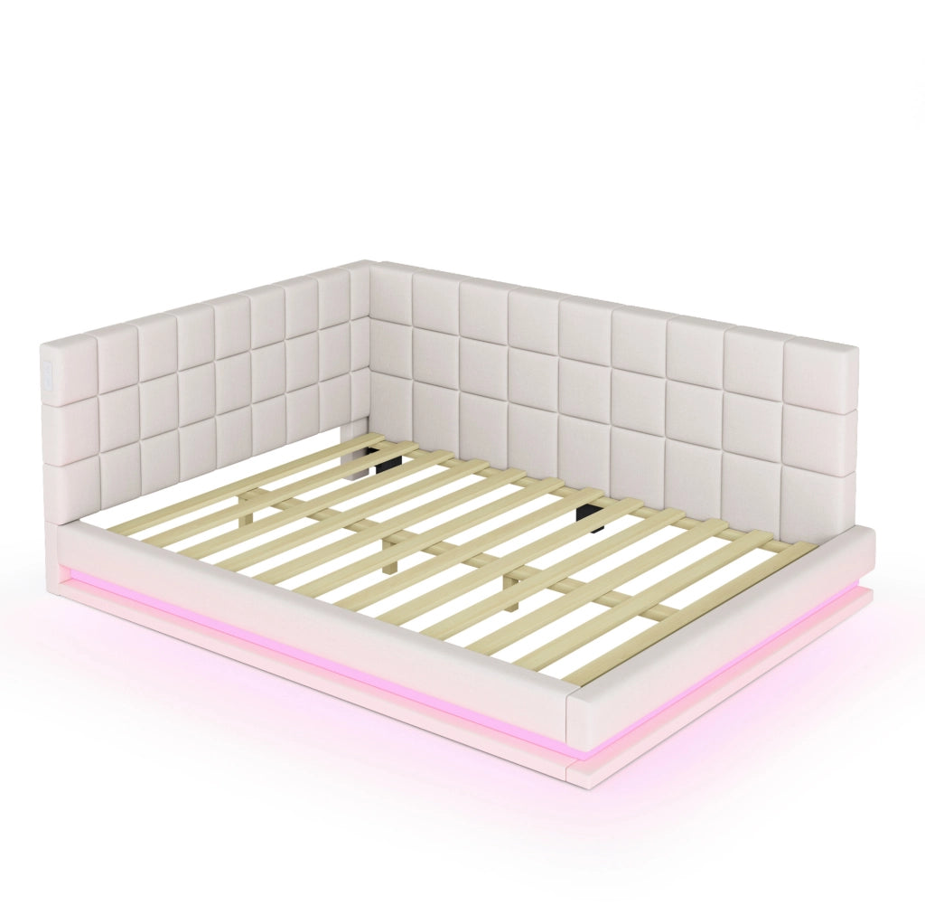 Divano letto 160x200 in tessuto beige con LED, USB e rete a doghe