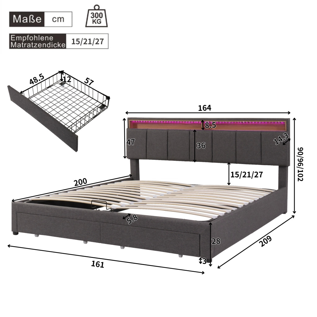 Letto contenitore 160×200 cm; letto matrimoniale con LED; spazio sotto il letto; senza materasso; in acciaio; grigio scuro