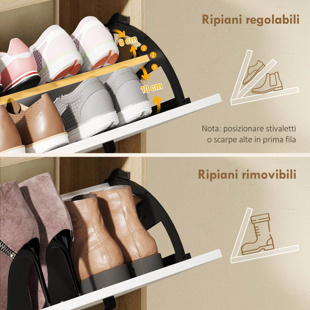 Scarpiera Slim 83x24x90,5 cm con 2 Cassetti Ribaltabili e 3 Vani Aperti Capacità 15 Scarpe Color Legno e Bianco