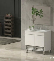 Mobile Bagno NEBARI com gambe Già Montato 2 portas, lavabo e specchio Bianco lucido 120x45 cm doppio lavabo