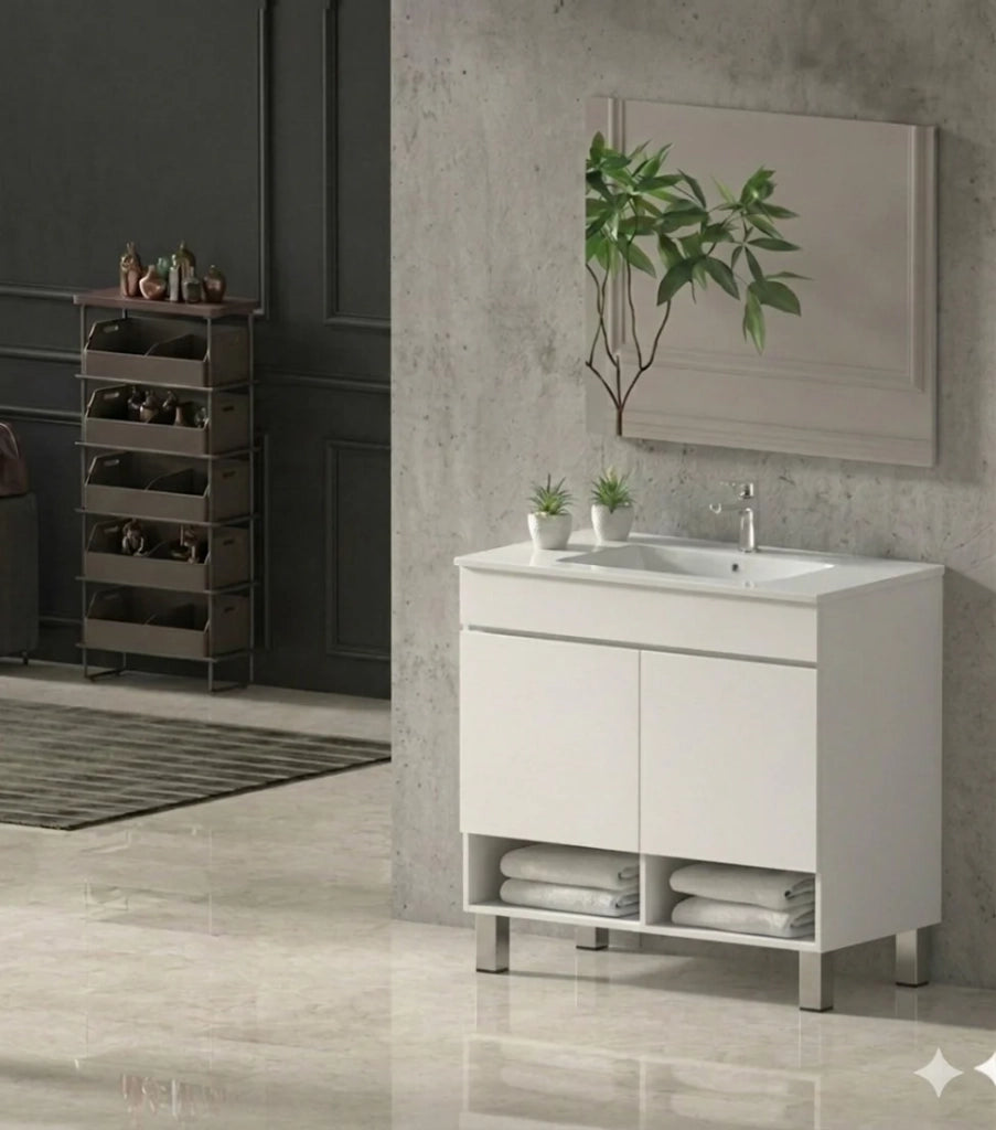 Mobile Bagno NEBARI com gambe Già Montato 2 portas, lavabo e specchio Bianco lucido 120x45 cm doppio lavabo