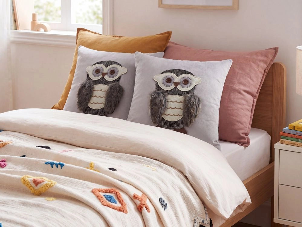 Set di 2 cuscini sparsi in tessuto di velluto grigio 45 x 45 cm Motivo gufo sfoderabile Soggiorno Camera da letto
