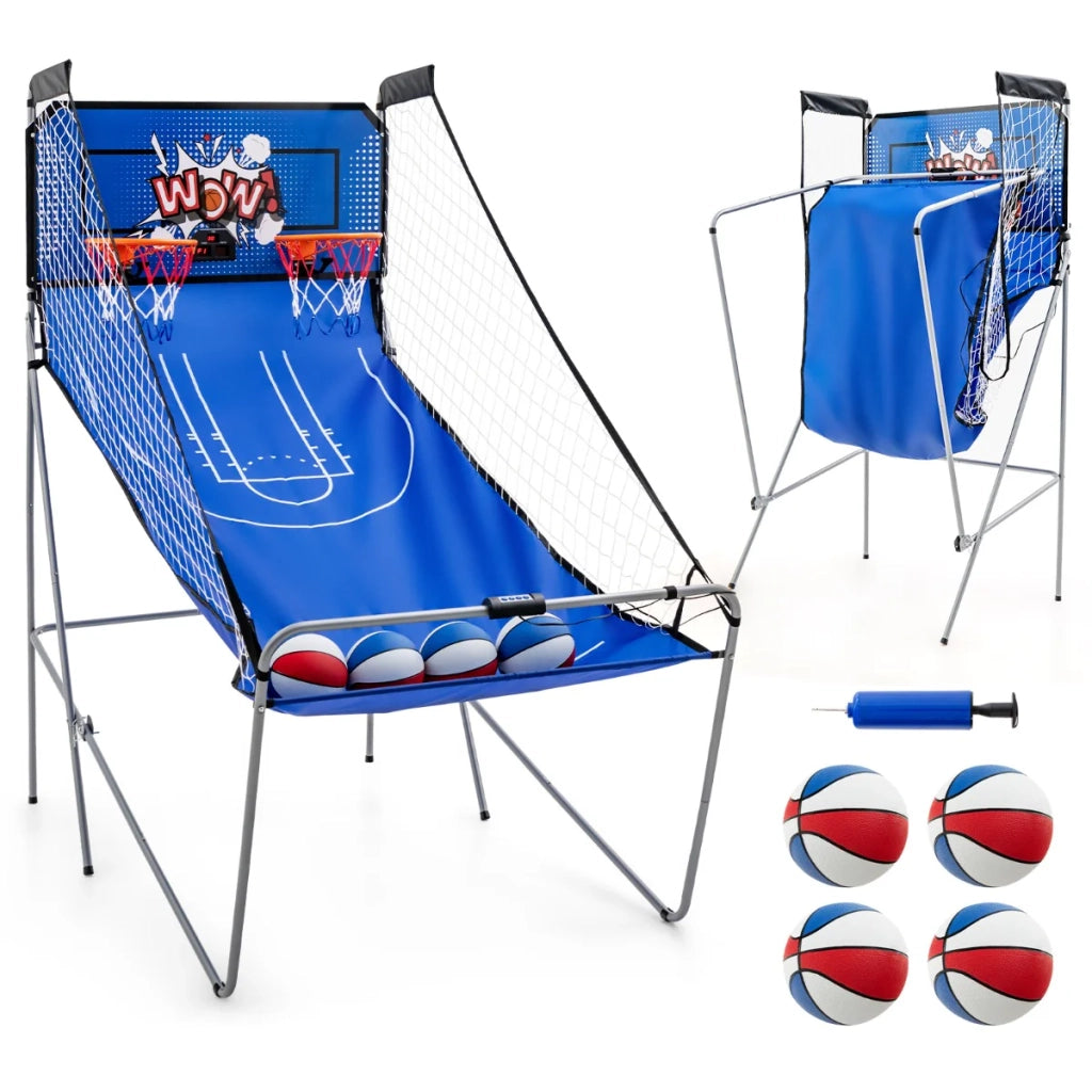Gioco arcade da basket Double-shot 206 x 110 x 206 cm 8 modalità di gioco pieghevole divertente blu metallo MDF poliestere 20_0012229