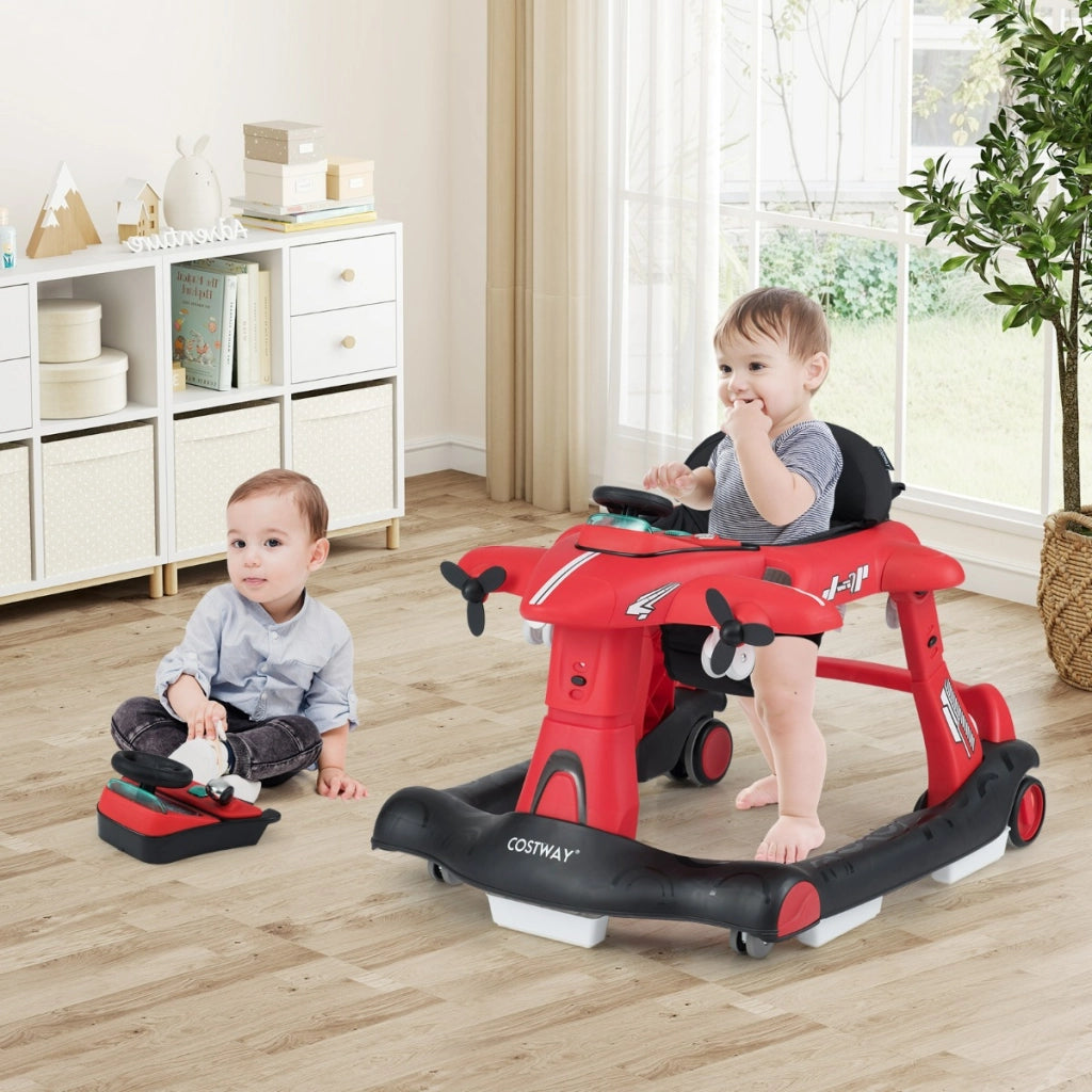 Camminatore pieghevole a tema aeroplano con altezza regolabile a 3 livelli, Camminatore per bambini 6 in 1 con ruote Rosso-Passeggini per bimbi
